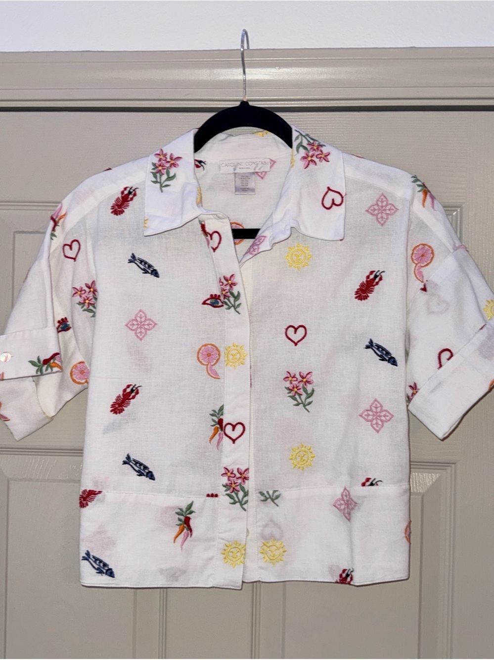 NWOT Caroline Constas White Embroidered Boxy Button-Front Short Sleeve Top